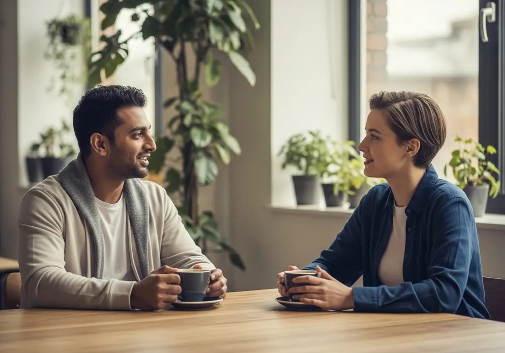 Two colleagues in an open, genuine one-on-one conversation over coffee while talking through an announcement