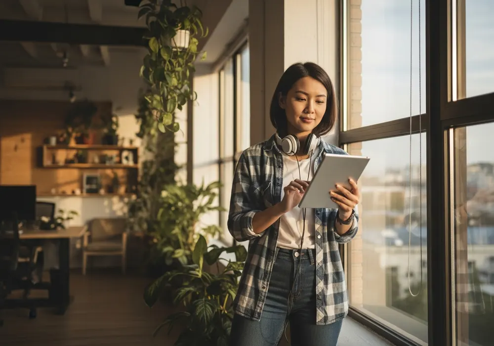 A communications leader by a bright office window reviewing a document.